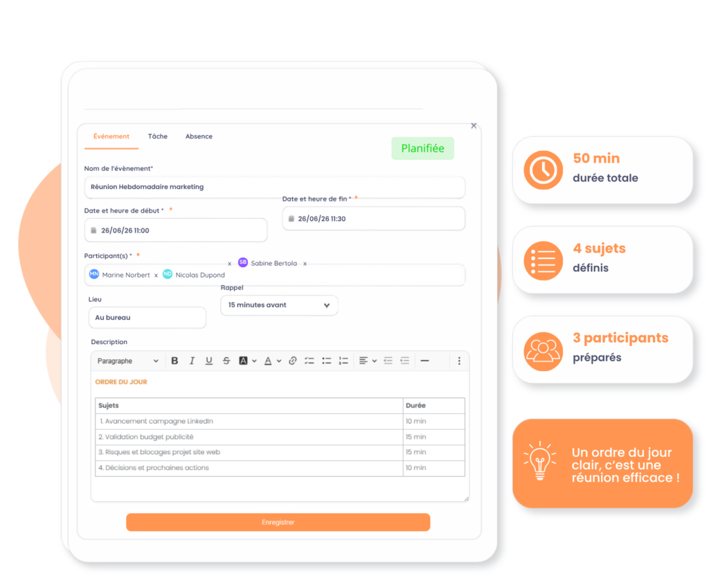 Ordre du jour réunion projet logiciel gestion de projet ekip
